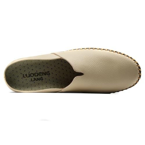 LUODENGLANG Men’s Slip-On Loafers Mules Clog Handmade Leather Slippers Hand Stitched no-Heel Casual Shoes for Men Breathable Comfortable Soft Beige 48 M 12 - Image 4