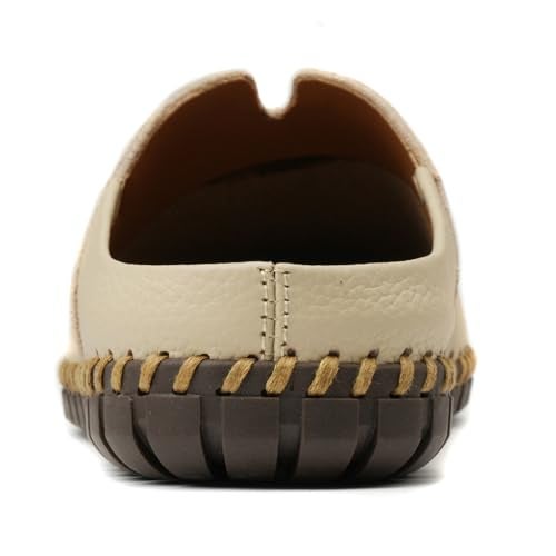 LUODENGLANG Men’s Slip-On Loafers Mules Clog Handmade Leather Slippers Hand Stitched no-Heel Casual Shoes for Men Breathable Comfortable Soft Beige 48 M 12 - Image 3