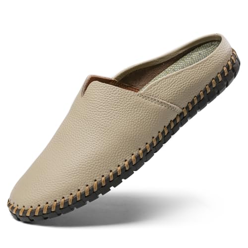 LUODENGLANG Men’s Slip-On Loafers Mules Clog Handmade Leather Slippers Hand Stitched no-Heel Casual Shoes for Men Breathable Comfortable Soft Beige 48 M 12 - Image 1