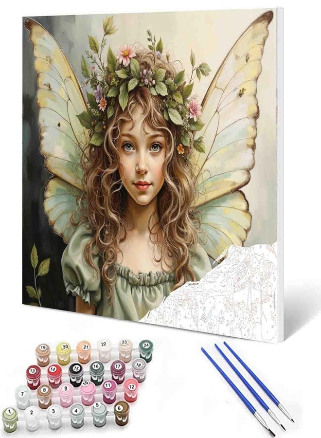 Aihonmin رسم بالأرقام للمبتدئين فتاة ذات شعر أشقر مجعد بزاوية بأجنحة خضراء رسم بالأرقام على قماش سهل الرسم عمل فني مع فرشاة وألوان لتزيين المنزل 16x20 بوصة (بدون إطار) - Image 1