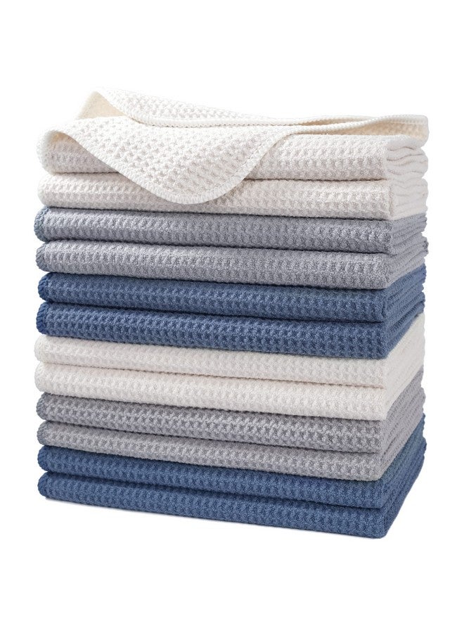 POLYTE Premium Microfiber Kitchen Dish Hand Towel Waffle Weave 12 Pack (16x28 in, Dark Blue, Gray, Off White) - Image 1