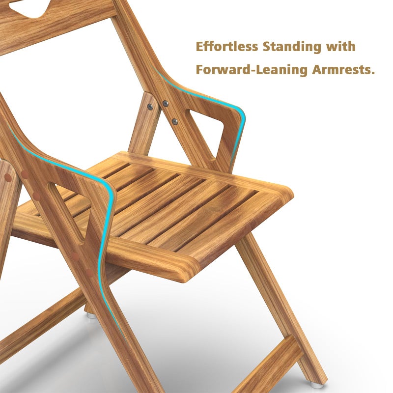 NNN Solid Teak Folding Shower Chair - Pivoting Backrest & Forward-Leaning Armrests for Easy Stand-Up, 350lb Capacity, Space-Saving Fold & Anti-Slip Feet for Elderly Bath Safety - Image 5