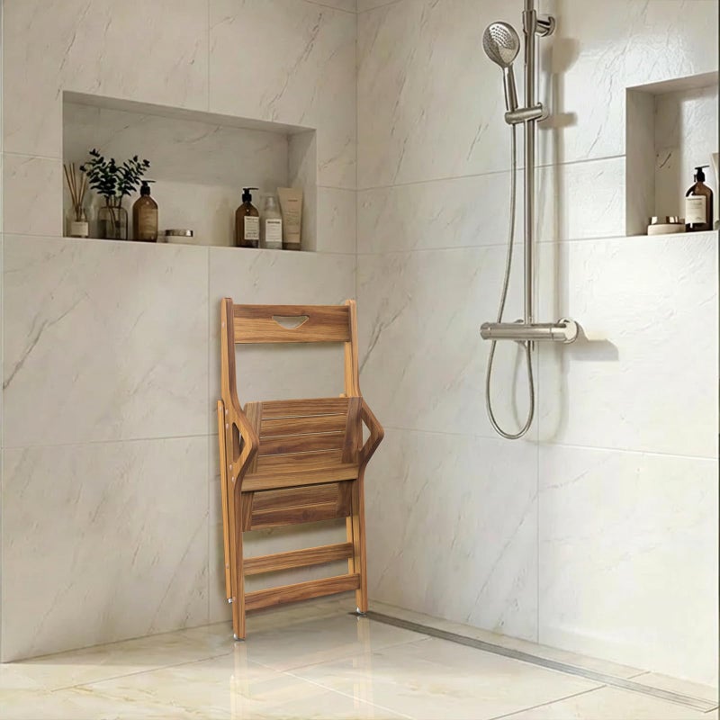NNN Solid Teak Folding Shower Chair - Pivoting Backrest & Forward-Leaning Armrests for Easy Stand-Up, 350lb Capacity, Space-Saving Fold & Anti-Slip Feet for Elderly Bath Safety - Image 3