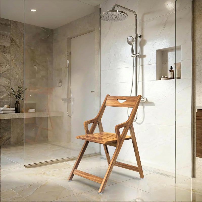 NNN Solid Teak Folding Shower Chair - Pivoting Backrest & Forward-Leaning Armrests for Easy Stand-Up, 350lb Capacity, Space-Saving Fold & Anti-Slip Feet for Elderly Bath Safety - Image 1