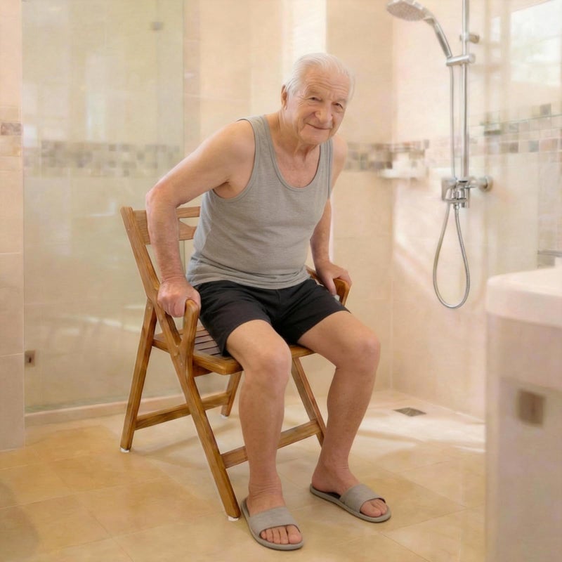 NNN Solid Teak Folding Shower Chair - Pivoting Backrest & Forward-Leaning Armrests for Easy Stand-Up, 350lb Capacity, Space-Saving Fold & Anti-Slip Feet for Elderly Bath Safety - Image 4
