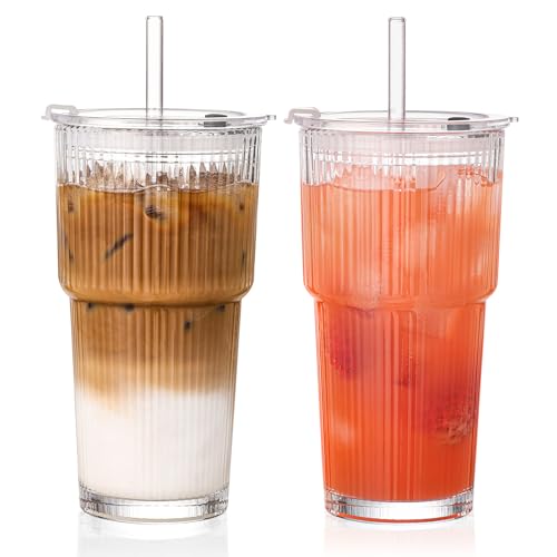 GOSCHE 20oz Ribbed Glass Tumbler with Straw and Lid Clear Iced Coffee Cups Vintage Glassware Glass Cups with Lids and Straws for Smoothie Water Tea Juice Clear 2 Pack - Image 1