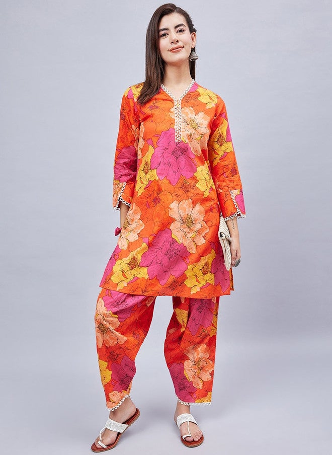WineRed Floral Printed V-Neck Pure Cotton Kurta With Salwar - Image 1