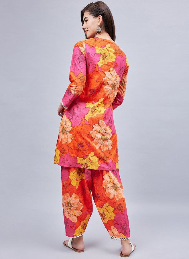 WineRed Floral Printed V-Neck Pure Cotton Kurta With Salwar - Image 5