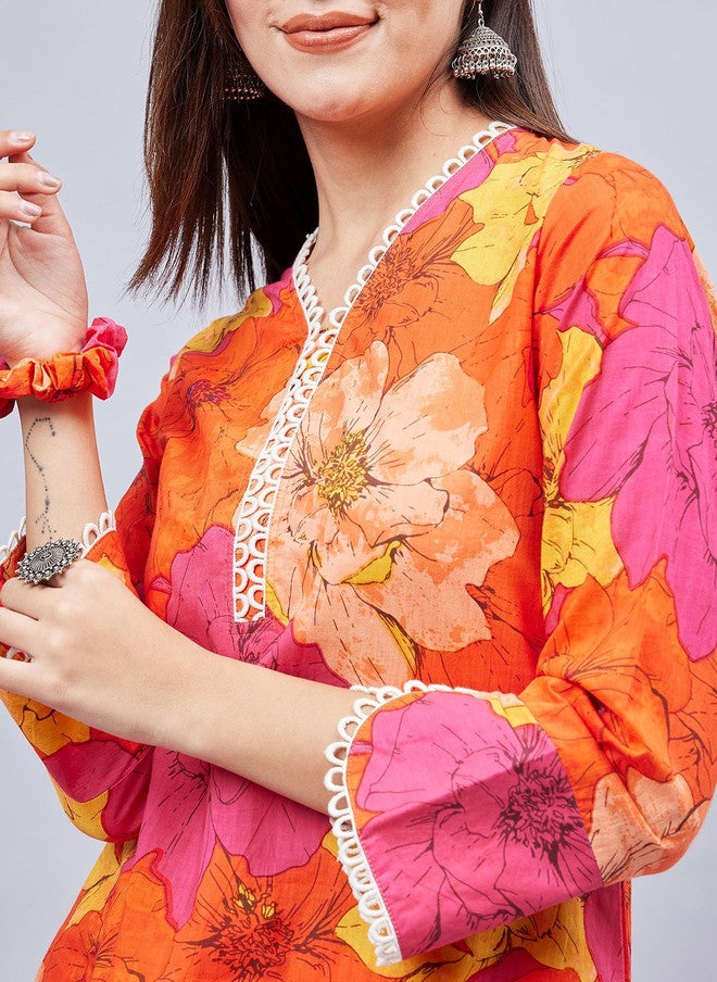 WineRed Floral Printed V-Neck Pure Cotton Kurta With Salwar - Image 2