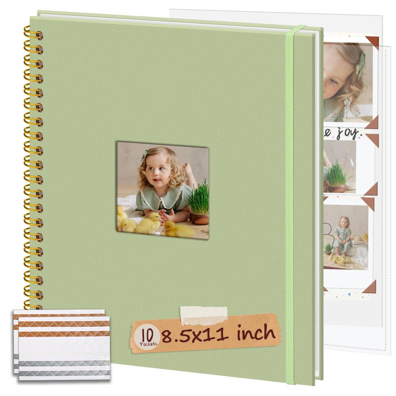Hiwhy 8.5x11 Inch Scrapbook Photo Album, Linen Cover DIY Scrapbooks with 10 Sheets Plastic Sleeves 20 Pages Memory Book for Wedding Birthday Baby Travel (GrassGreen) - Image 1