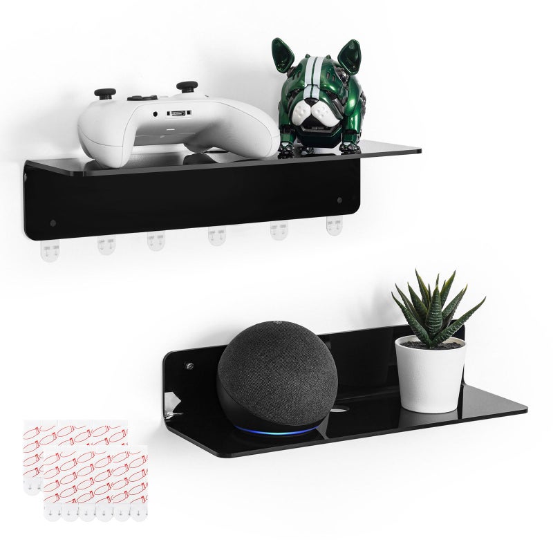 OAPRIRE Black Acrylic Floating Shelves Set of 2 - Damage Free Expand Wall Space - 12 Inch Wall Shelves with Strong Adhesive for Bathroom, Bedroom, etc - Image 1