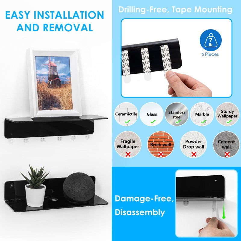 OAPRIRE Black Acrylic Floating Shelves Set of 2 - Damage Free Expand Wall Space - 12 Inch Wall Shelves with Strong Adhesive for Bathroom, Bedroom, etc - Image 4