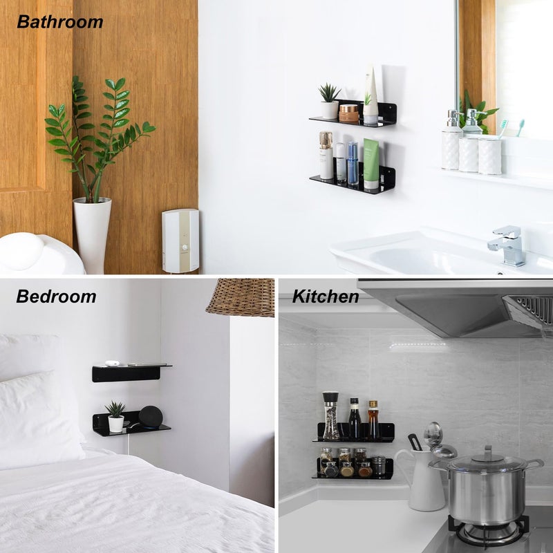 OAPRIRE Black Acrylic Floating Shelves Set of 2 - Damage Free Expand Wall Space - 12 Inch Wall Shelves with Strong Adhesive for Bathroom, Bedroom, etc - Image 2