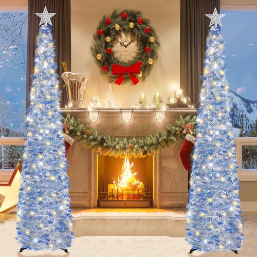 HMASYO 6 FT Pop Up Tinsel Christmas Tree with 100 LED Timer Lights & Remote, Collapsible Artificial Pencil Tree with Blue Snowflake Ornaments Xmas Decoration for Home, Office, Party, USB Powered - Image 3
