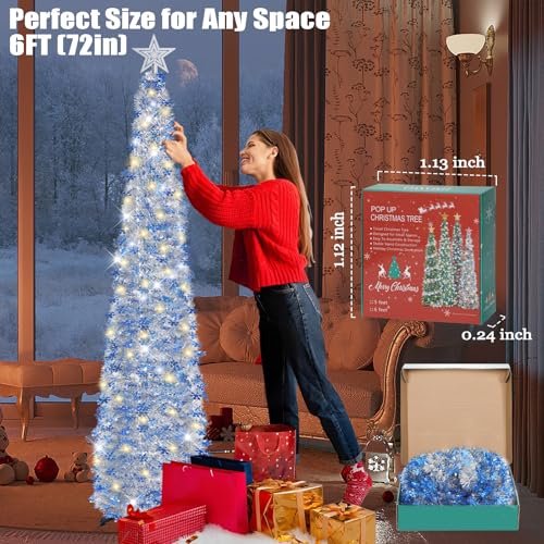 HMASYO 6 FT Pop Up Tinsel Christmas Tree with 100 LED Timer Lights & Remote, Collapsible Artificial Pencil Tree with Blue Snowflake Ornaments Xmas Decoration for Home, Office, Party, USB Powered - Image 5