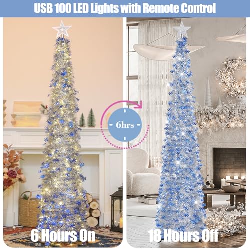 HMASYO 6 FT Pop Up Tinsel Christmas Tree with 100 LED Timer Lights & Remote, Collapsible Artificial Pencil Tree with Blue Snowflake Ornaments Xmas Decoration for Home, Office, Party, USB Powered - Image 2
