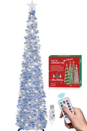 HMASYO 6 FT Pop Up Tinsel Christmas Tree with 100 LED Timer Lights & Remote, Collapsible Artificial Pencil Tree with Blue Snowflake Ornaments Xmas Decoration for Home, Office, Party, USB Powered - Image 1