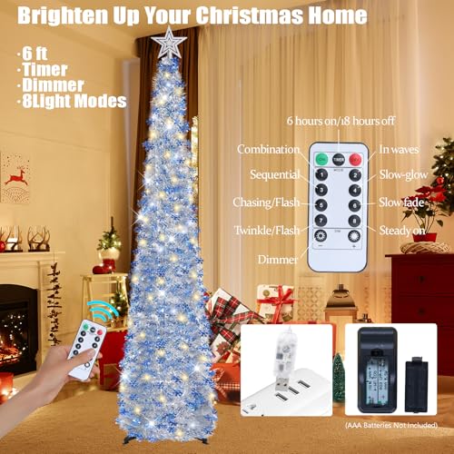 HMASYO 6 FT Pop Up Tinsel Christmas Tree with 100 LED Timer Lights & Remote, Collapsible Artificial Pencil Tree with Blue Snowflake Ornaments Xmas Decoration for Home, Office, Party, USB Powered - Image 4