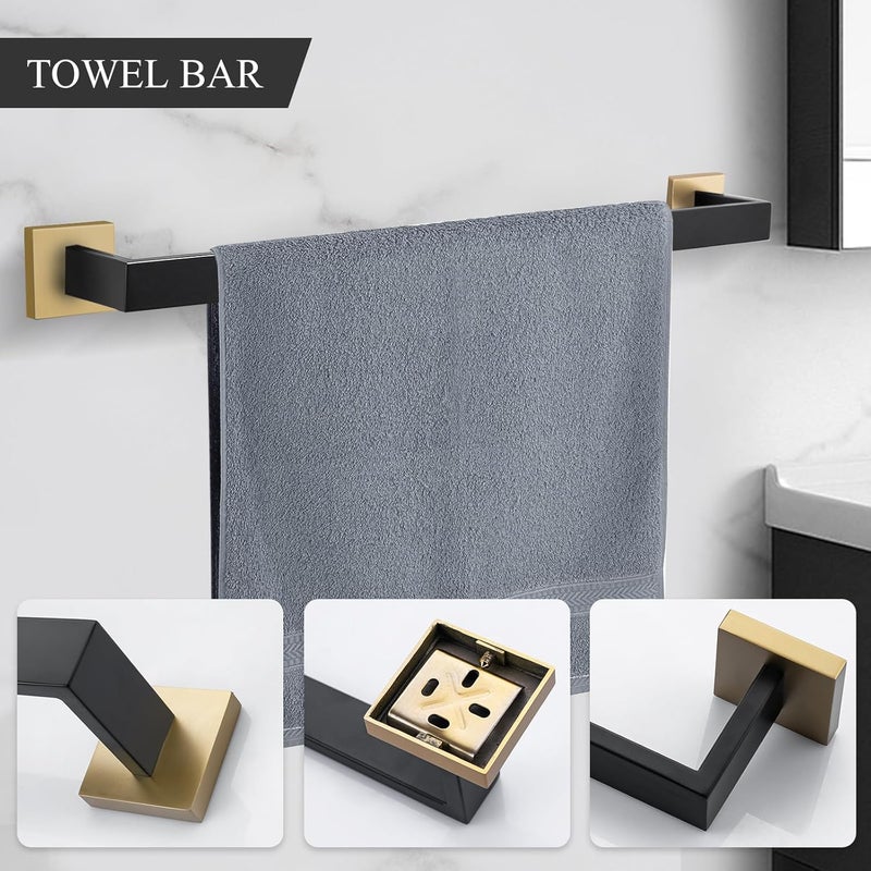 TURS 5-Piece Bathroom Hardware Set Black and Gold Towel Bar Sets Include 24 Inch Towel Bar Hand Towel Holder Toilet Paper Holder and 2 Towel Hooks,Stainless Steel Wall Mounted - Image 2