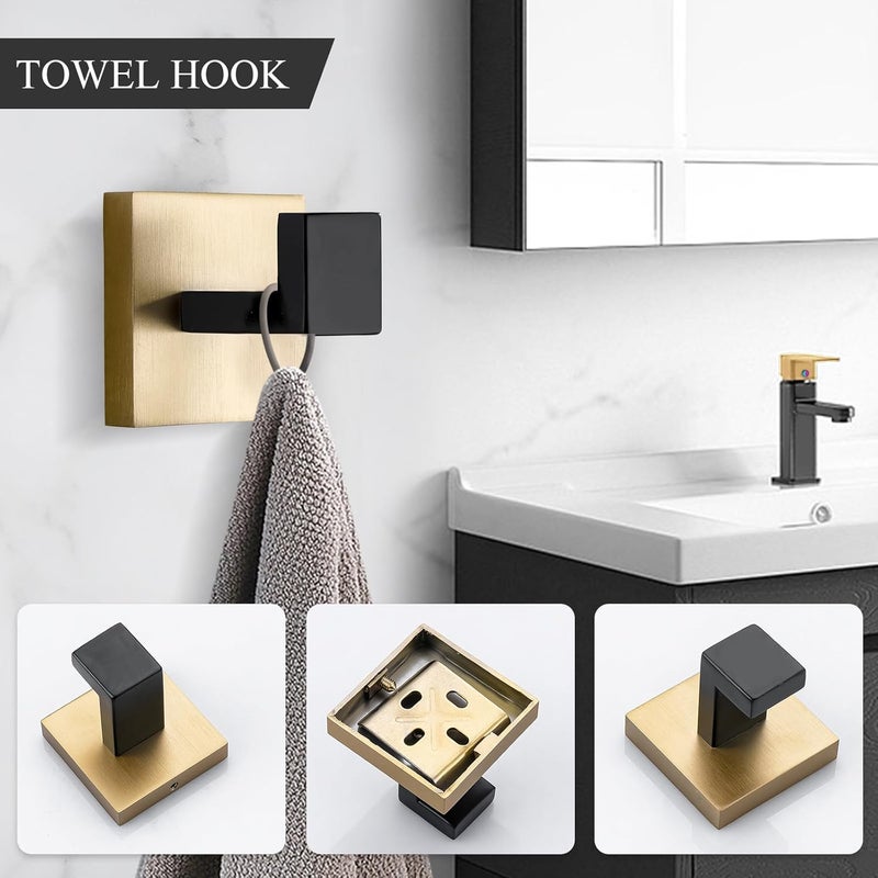 TURS 5-Piece Bathroom Hardware Set Black and Gold Towel Bar Sets Include 24 Inch Towel Bar Hand Towel Holder Toilet Paper Holder and 2 Towel Hooks,Stainless Steel Wall Mounted - Image 3