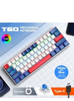 T-WOLF T60 Wired Gaming Keyboard, 61 Keys Blue Switch Mechanical Keyboard with Rgb Backlit blue and white  - Image 2