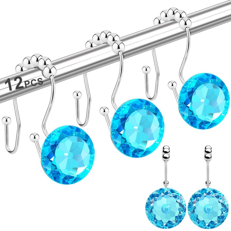Yapicoco Shower Curtain Hooks Rings for Bathroom 12PCS Double Hooks Glide Anti Rust Crystal Rhinestones Shower Curtain Rings Hangers for Shower Curtains Clothing Towels etc Aqua Blue