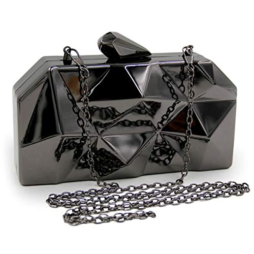 Reberomantic Women Lattice Pattern Metal Handbag Chain Geometric Evening Clutch Purse, Gun-color - Image 4
