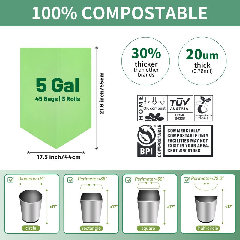 Eargardin 5 Gallon Trash Bags Compostable Compost Small Garbage Bag Extra Thick 0.78 Mil for Kitchen Bathroom BPI Certified 45 Counts, Green - Image 4