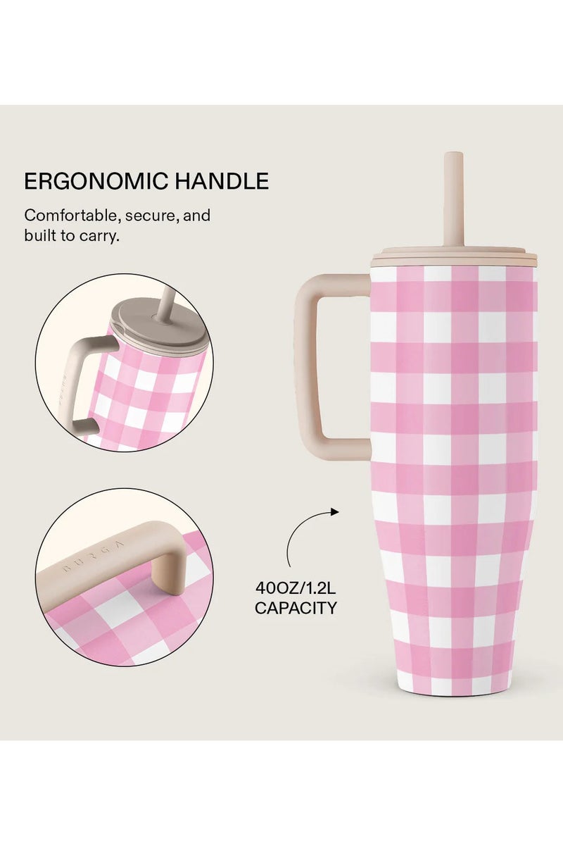 BURGA 40oz 1.2L Insulated Tumbler with Handle & Leakproof Straw Lid – Keeps Drinks Hot 12 Hrs / Cold All Day – Stainless Steel Travel Mug, Cupholder Friendly, Double Wall Vacuum, Reusable Water Bottle Think Pink burga tumler - Image 2