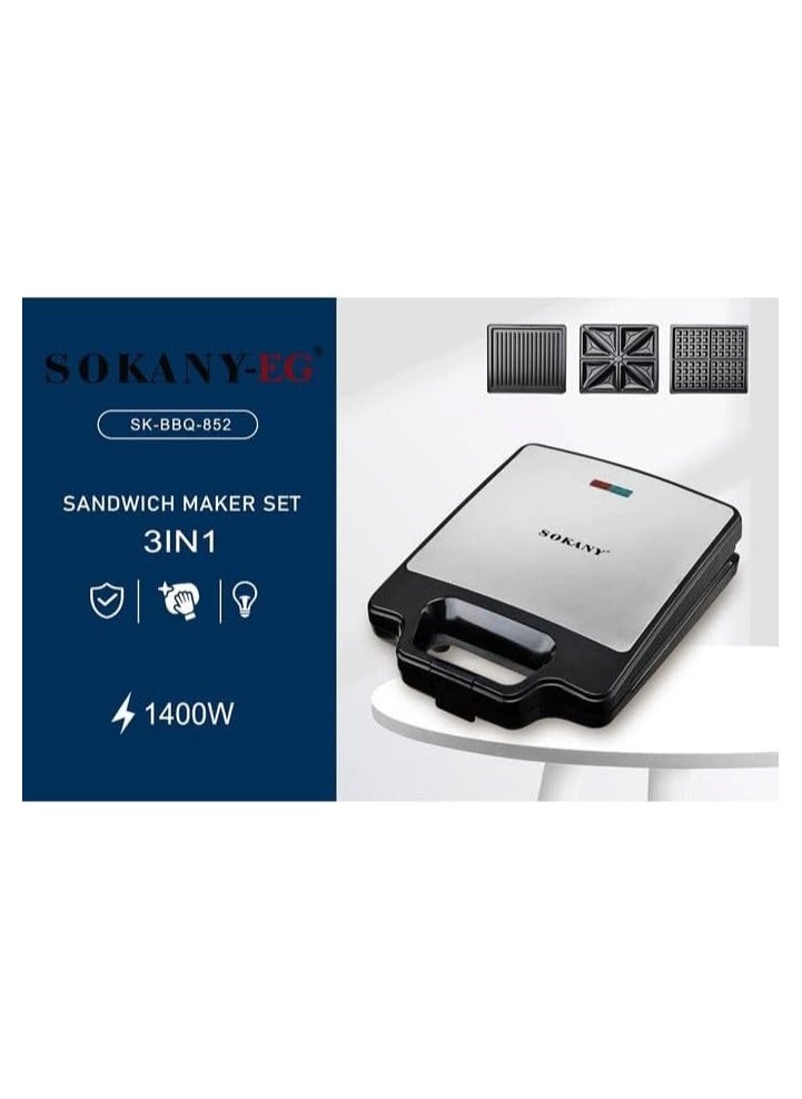 sokany - 3-in-1 sandwich maker (grill, toast, waffle), double-sided heating, large size, 1400 watts - Image 1