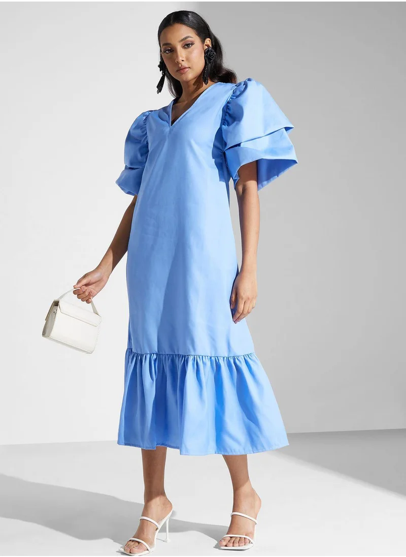 SINOIR Ruffle Sleeve Solid Dress