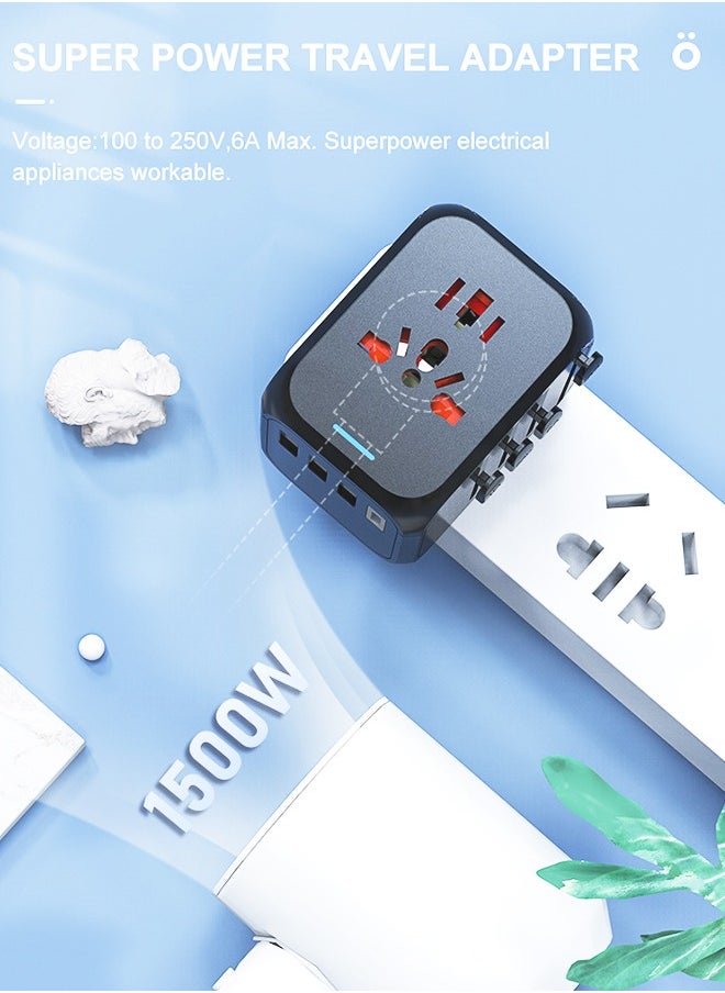 dida-cosmos - محول طاقة عالمي للسفر، ومحول قابس تيار متردد مع 3 منافذ USB وUSB من النوع C للولايات المتحدة وأوروبا والمملكة المتحدة وأستراليا، أسود - Image 1