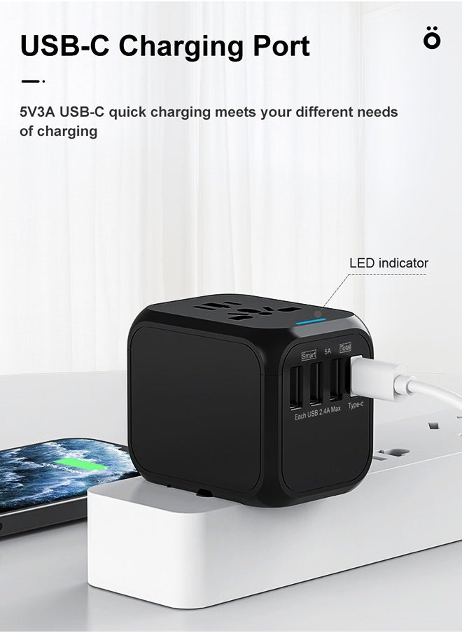 dida-cosmos - محول طاقة عالمي للسفر، ومحول قابس تيار متردد مع 3 منافذ USB وUSB من النوع C للولايات المتحدة وأوروبا والمملكة المتحدة وأستراليا، أسود - Image 1