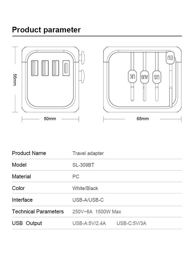 dida-cosmos - محول طاقة عالمي للسفر، ومحول قابس تيار متردد مع 3 منافذ USB وUSB من النوع C للولايات المتحدة وأوروبا والمملكة المتحدة وأستراليا، أسود - Image 1