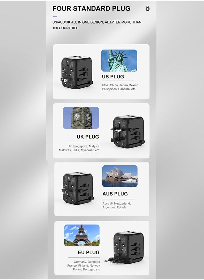 dida-cosmos - محول طاقة عالمي للسفر، ومحول قابس تيار متردد مع 3 منافذ USB وUSB من النوع C للولايات المتحدة وأوروبا والمملكة المتحدة وأستراليا، أسود - Image 1