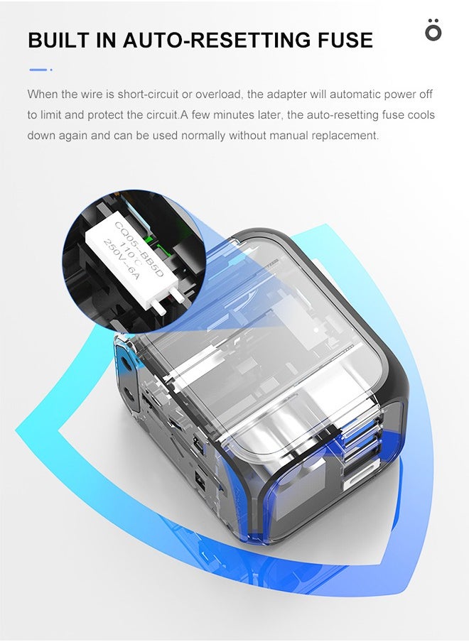 dida-cosmos - محول طاقة عالمي للسفر، ومحول قابس تيار متردد مع 3 منافذ USB وUSB من النوع C للولايات المتحدة وأوروبا والمملكة المتحدة وأستراليا، أسود - Image 1