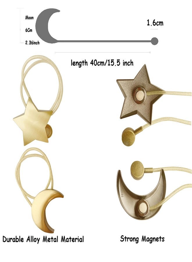 jingewell Magnetic Curtain Tiebacks Clips Decorative Rope Holdbacks 1 Pair Gold Moon and Star Shape Window Curtain Drape Tie Backs for Window Draperies Hold, Bedroom Home Décor (1pc Moon +1pc Star) - Image 2