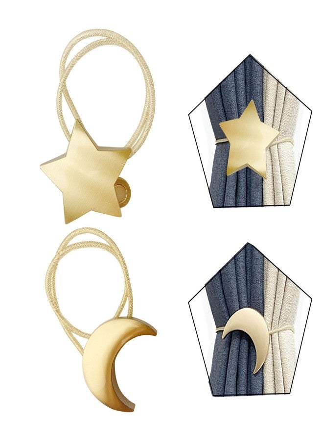 jingewell Magnetic Curtain Tiebacks Clips Decorative Rope Holdbacks 1 Pair Gold Moon and Star Shape Window Curtain Drape Tie Backs for Window Draperies Hold, Bedroom Home Décor (1pc Moon +1pc Star) - Image 1