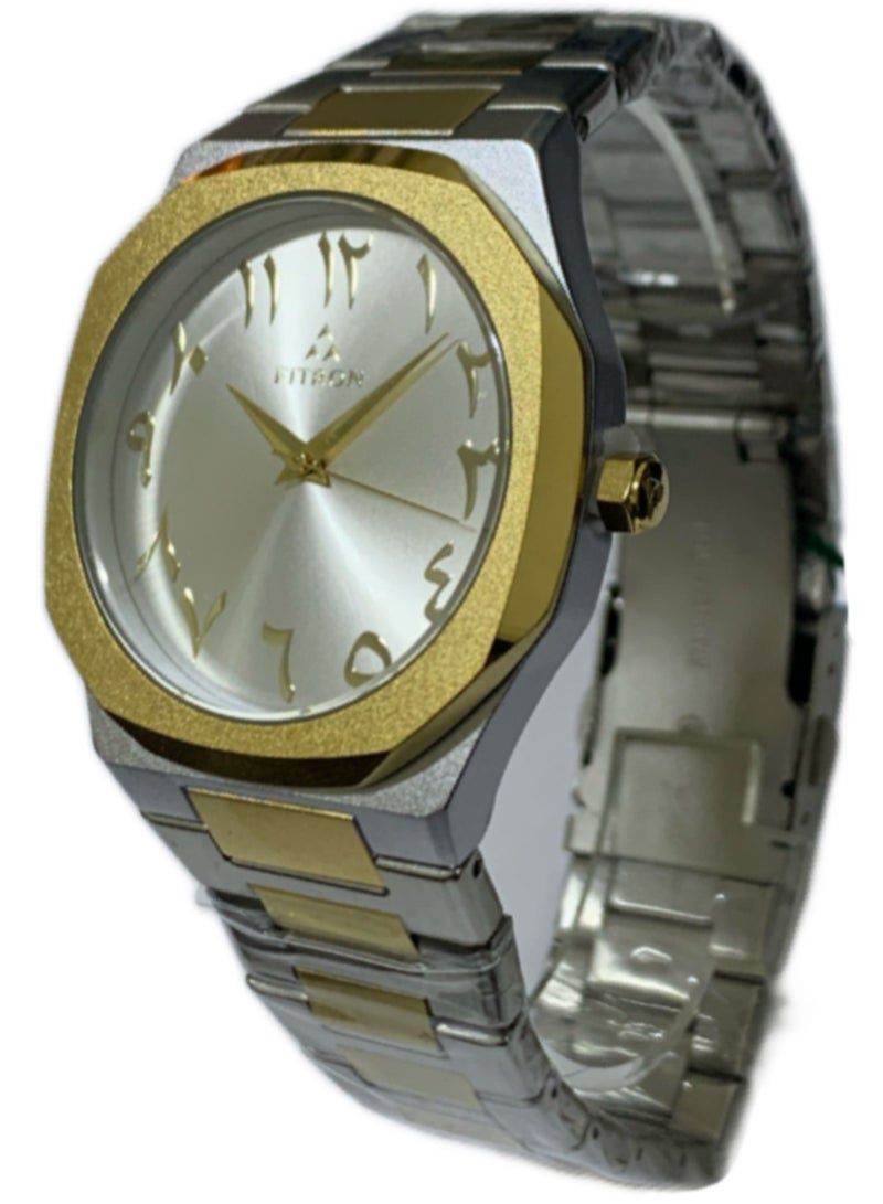 Fitron Men’s Silver/Gold Wrist Watch with White Dial and Arabic Numbers - Image 2