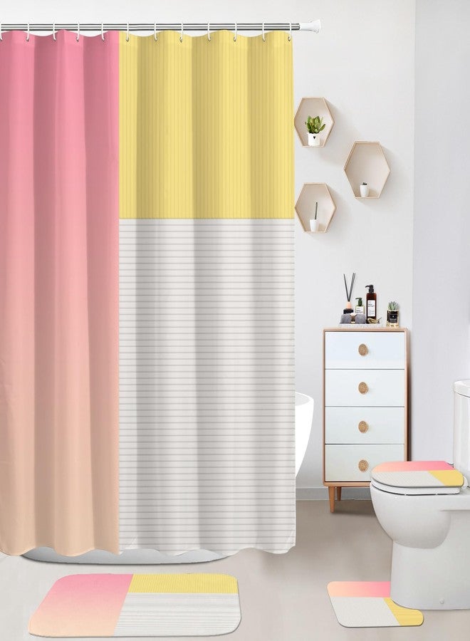 KINUUIS 4 Pcs Pink Yellow Beige Bathroom Sets with Shower Curtain Set and Non-Slip Rugs for Bathroom, Modern Bathroom Shower Curtain Sets with Rugs and Accessories - Image 1