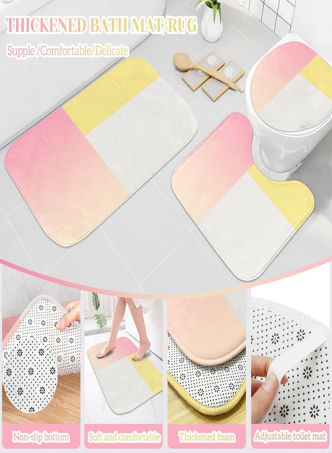 KINUUIS 4 Pcs Pink Yellow Beige Bathroom Sets with Shower Curtain Set and Non-Slip Rugs for Bathroom, Modern Bathroom Shower Curtain Sets with Rugs and Accessories - Image 5