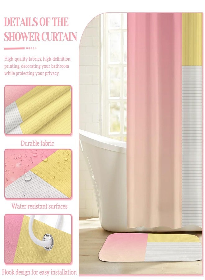 KINUUIS 4 Pcs Pink Yellow Beige Bathroom Sets with Shower Curtain Set and Non-Slip Rugs for Bathroom, Modern Bathroom Shower Curtain Sets with Rugs and Accessories - Image 3