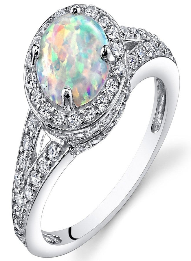 PEORA Created White Fire Opal Ring for Women 925 Sterling Silver, Vintage Halo Design, 1.25 Carats Round Shape 7mm Size 6, October Birthstone Ring, Gifts for Birthday, Anniversary, Wedding - Image 1