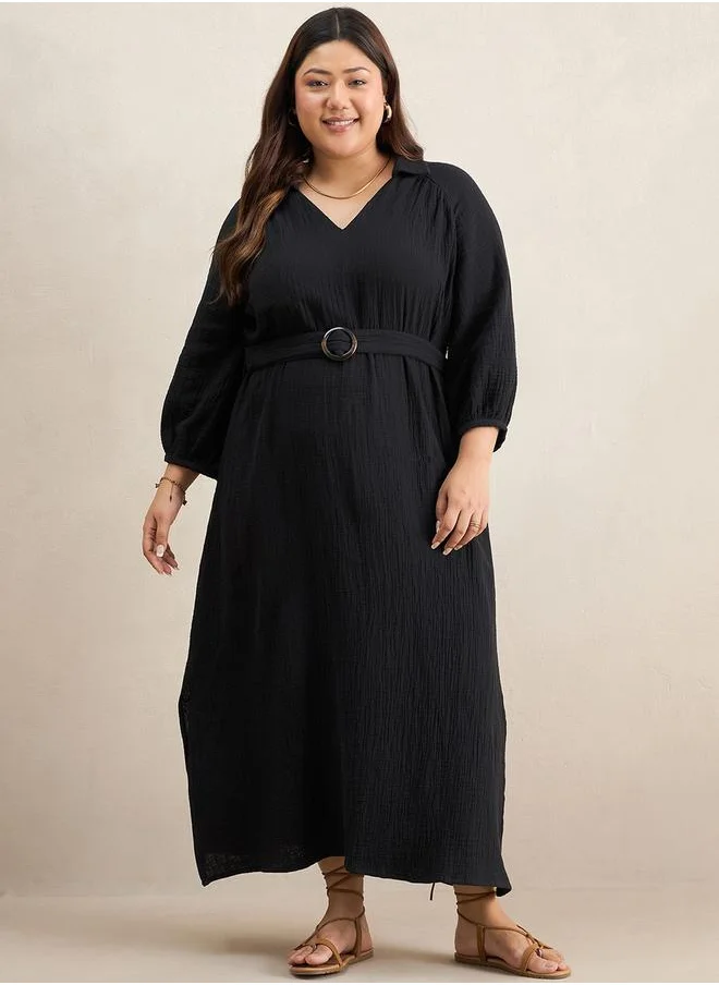 فيميلا Texture Cotton Collared Maxi Dress with Belt