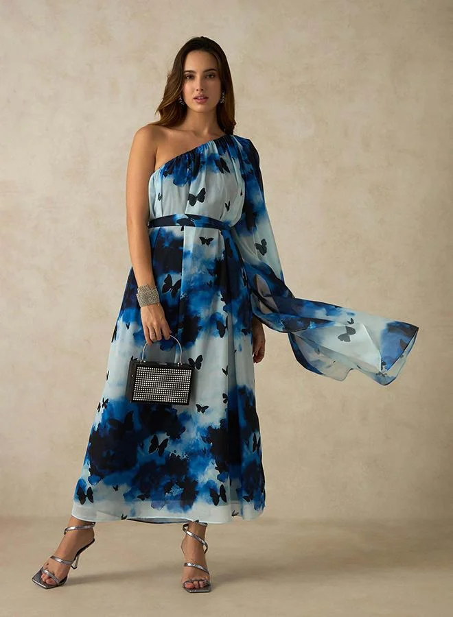 Virgio Floral Georgette One Shoulder Maxi Dress for Women