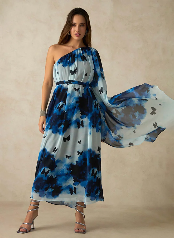 Virgio Floral Georgette One Shoulder Maxi Dress for Women