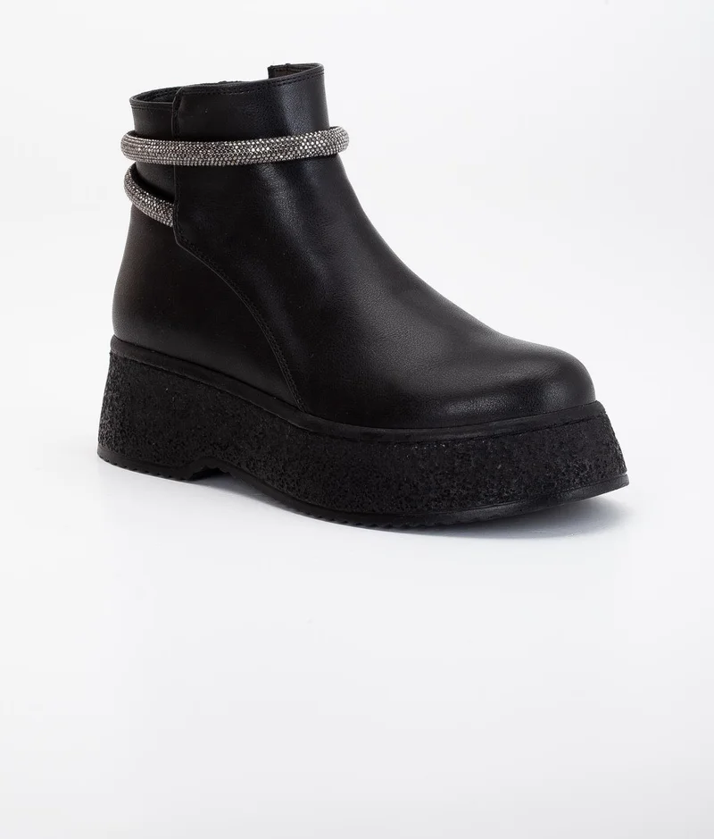 Dilimler Ayakkabı Slices Shoes Women Boots Black Thick Sole Artificial Leather Stoned Laceless Flat