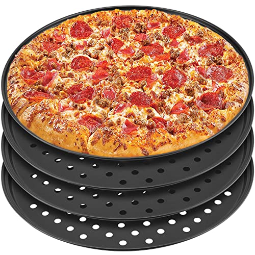 MANCHAP 4 Pack 12 Inch Round Pizza Baking Pan with Holes, Pizza Pan for Oven, Carbon Steel Non-stick Pizza Crisper Pan for Home Restaurant Baking, Black - Image 1