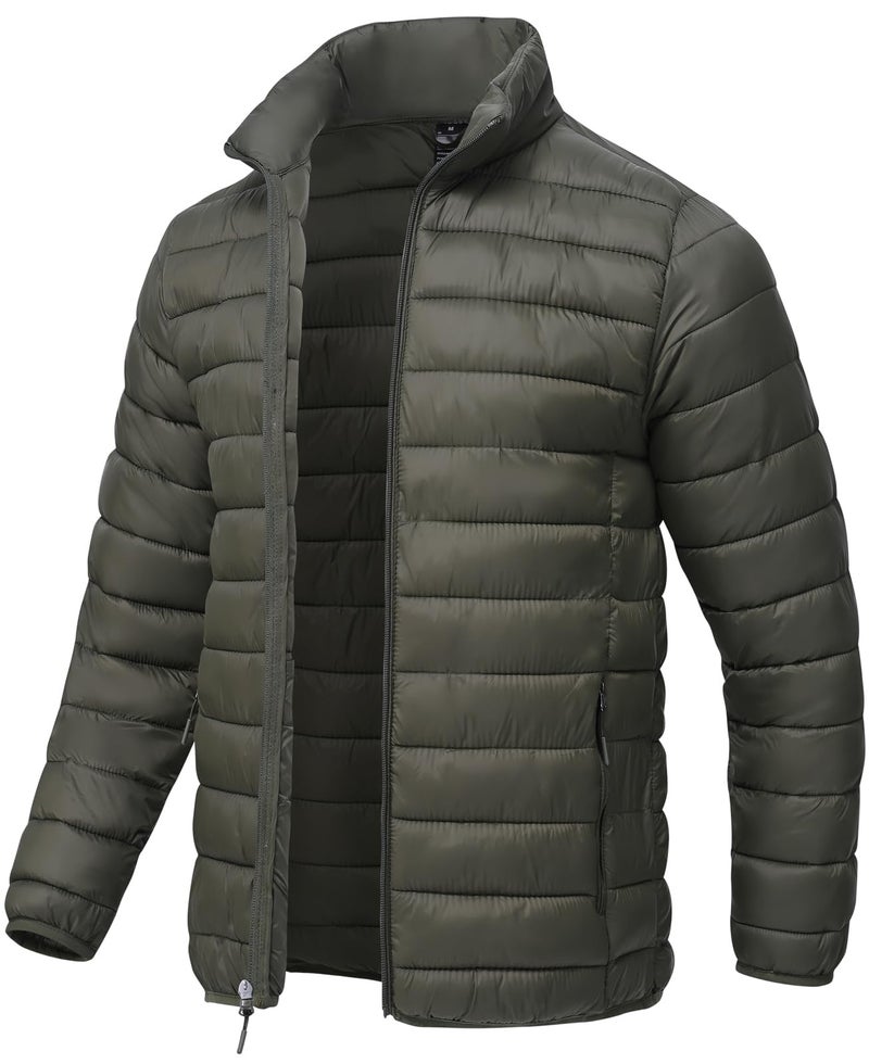 SPOSULEI Puffer Jacket for Men Packable Lightweight Winter Warm Down Jackets Coats Outdoor Insulated Water Resistant Travel Hiking Camping Jacket with Pockets Army Green 2XL