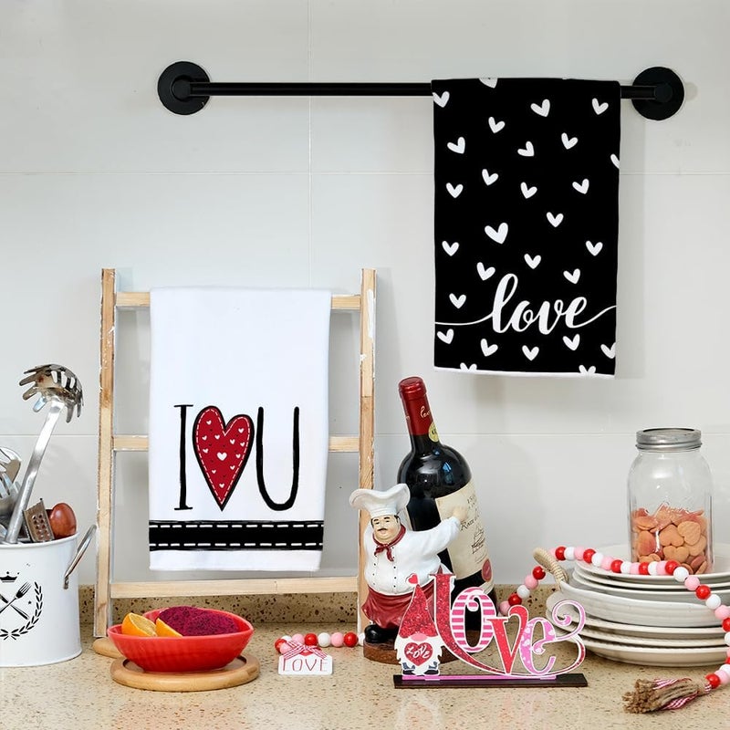 ARKENY Valentines Day Kitchen Towels Set of 2,Black Heart I Love U Sign Dish Towels 18x26 Inch Drying Dishcloth,Farmhouse Home Wedding Decoration AD151 - Image 2
